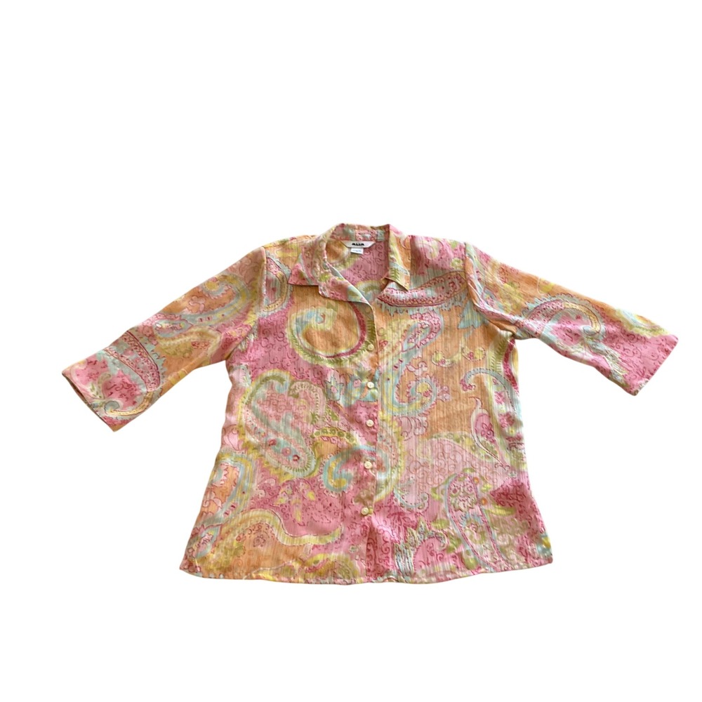 Alia Button Up Blouse Womens 14 Pink Paisley Sheer 3/4 Sleeve Coastal